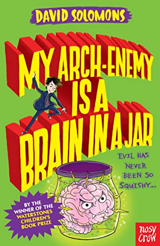 Book cover: boy climbing red letters above a brain in a jar.