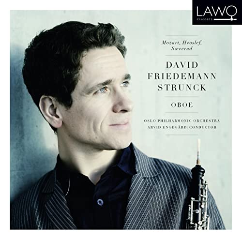 CD cover featuring portrait of oboist David Strunck and an oboe.