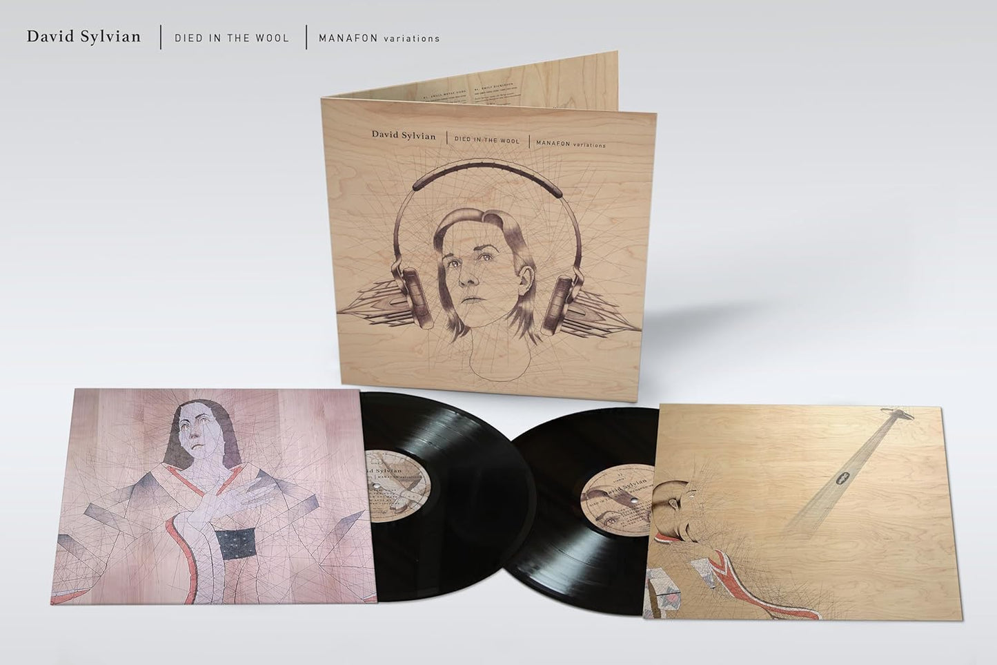 Vinyl record set featuring wood-grain covers, illustrated sleeves, and two black vinyl discs.