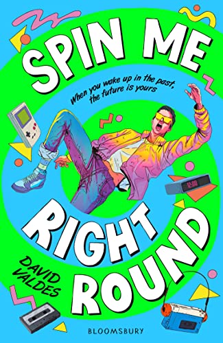 Book cover: man in 80s style falling with retro tech details.