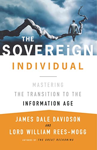 Book cover: “The Sovereign Individual” with a figure on a branch.