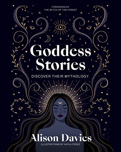 Book cover: “Goddess Stories” with illustration of a woman and celestial motifs.