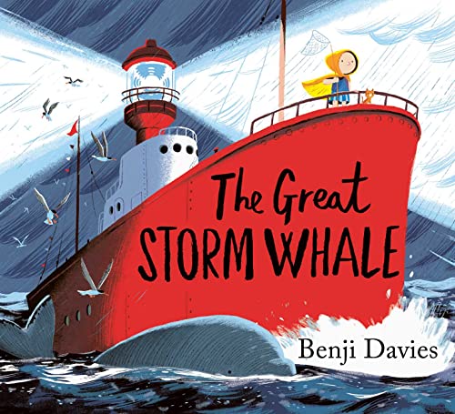 Colourful children's book cover featuring a large whale amidst turbulent stormy sea and sky.