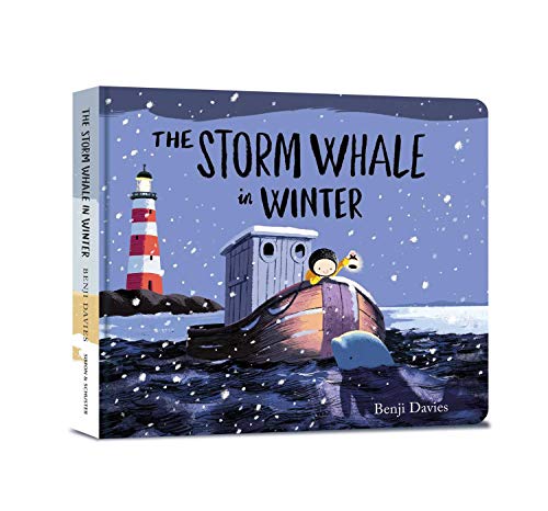 A child in a boat with a whale at night near a lighthouse in snow.