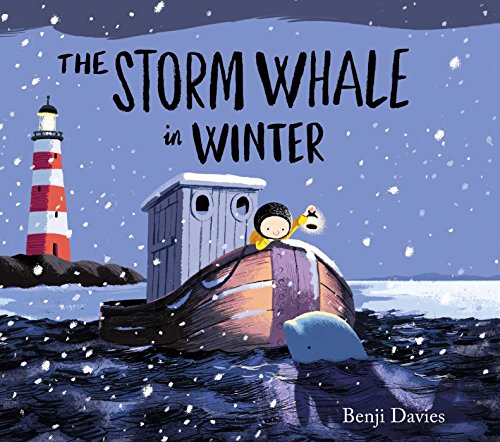 A child in a boat with a lantern meets a whale near a lighthouse.