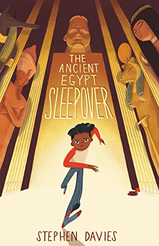 Colorful book cover with Egyptian illustrations and sleeping bag or tent on front.