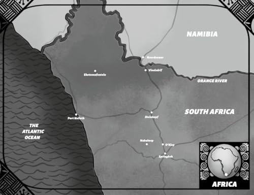 Black and white map of Namibia and South Africa, with place names.