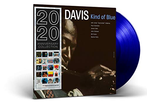 “Kind of Blue” vinyl record by Miles Davis, blue disc visible.