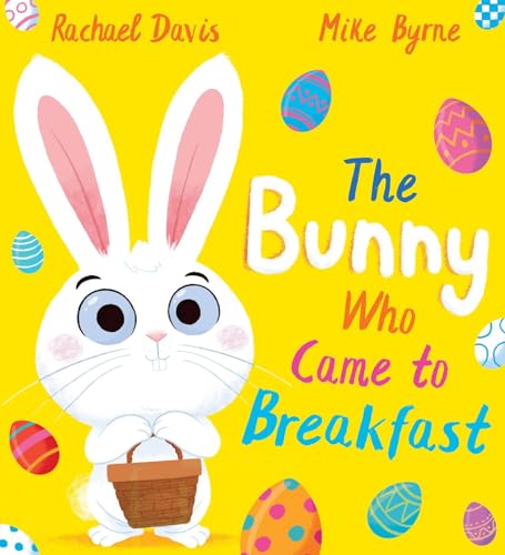 White bunny with a basket, surrounded by colorful patterned Easter eggs.