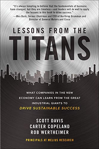Book cover: "Lessons from the Titans" with industrial skyline silhouette.