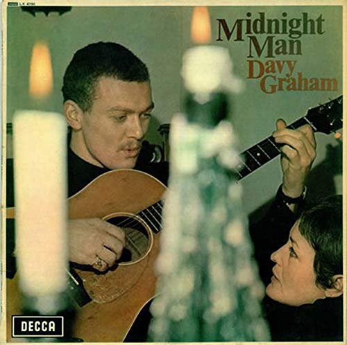 Album cover for Davy Graham’s “Midnight Man” featuring a man with a guitar.