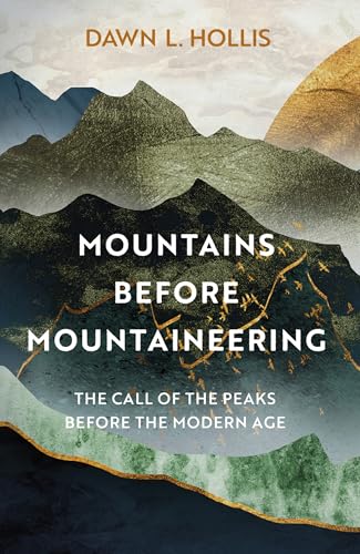 Book cover with stylized mountain layers in blue, green, and gold against a light background.