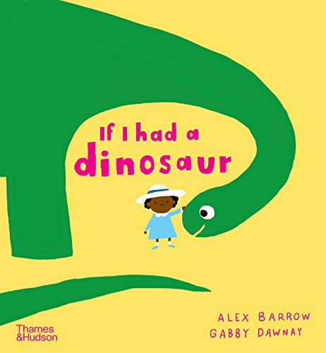 A child in a blue dress and white hat pets a large green dinosaur.
