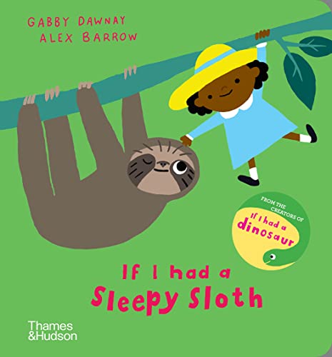 A child in a yellow hat and blue dress hangs from a branch with a sloth.