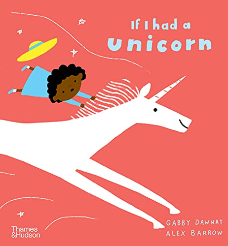 A child in a blue dress rides a white unicorn against a coral background.