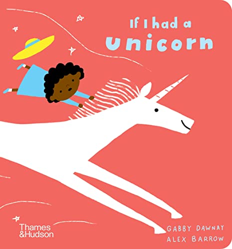 A child in a blue dress rides a white unicorn on a coral background.