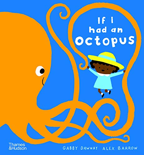 A large orange octopus reaches out toward a young girl in a yellow hat.