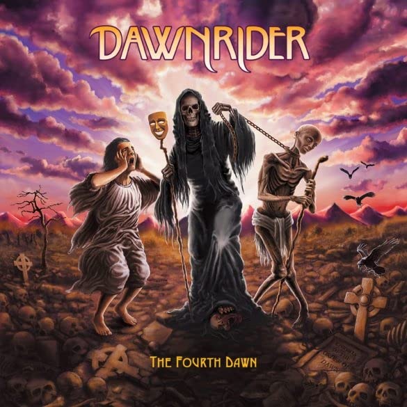 Album cover: skeletal figure with mask, distressed people, graveyard scene.