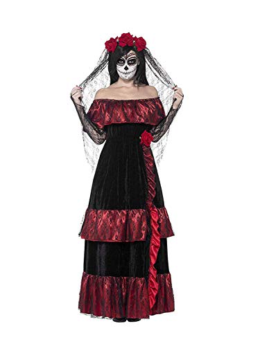 Day of the Dead bride costume with skull makeup and red roses.