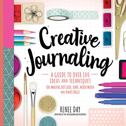 Book cover for “Creative Journaling” with art supplies scattered around.