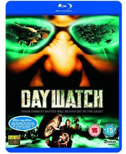 Blu-ray cover for Day Watch featuring green glowing glasses, a raven, and a motorcycle.