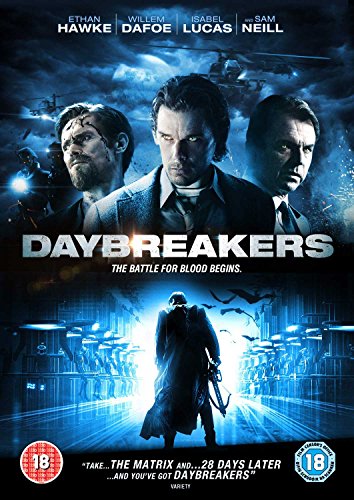 Daybreakers DVD cover featuring three lead actors above a silhouette in a blue landscape.