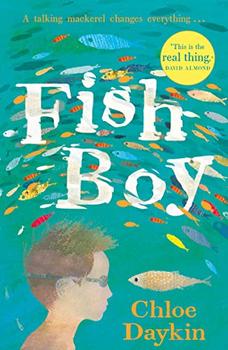 Book cover: boy underwater surrounded by fish, title "Fish Boy" in large white text.