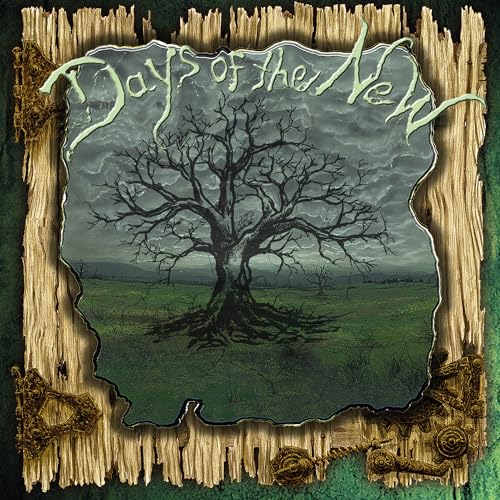 A bare tree stands in a field, framed by wood planks with metallic accents.