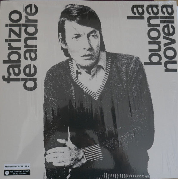 Black and white portrait of Fabrizio De André on vinyl record cover.