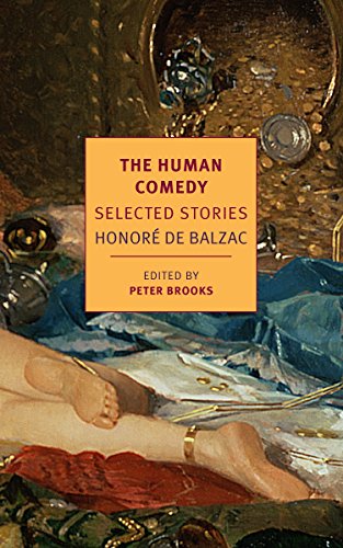 Book cover: "The Human Comedy" by Honoré de Balzac, orange text on painting.