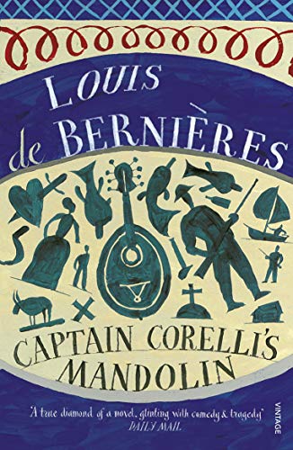 Book cover for "Captain Corelli's Mandolin" by Louis de Bernieres, teal illustrations.