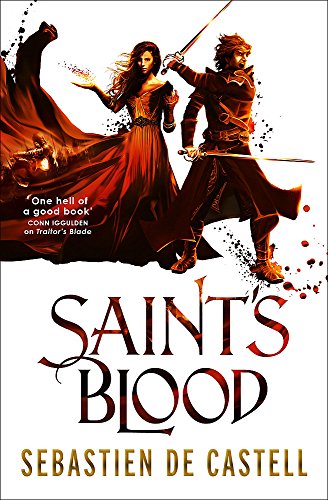 Book cover: man with sword, woman with magic, dramatic red tones.