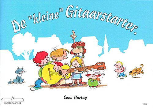 Cover of De Kleine Gitaarstarter book featuring cartoon children playing guitar with a cat.