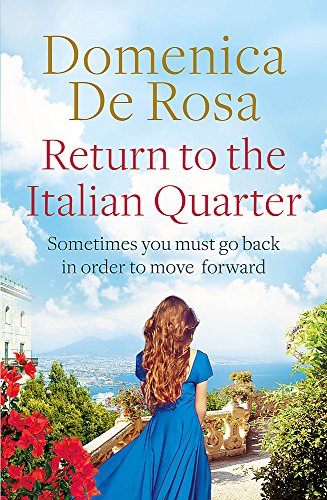Book cover: woman overlooking Italian coastal town, blue dress, bright sky.
