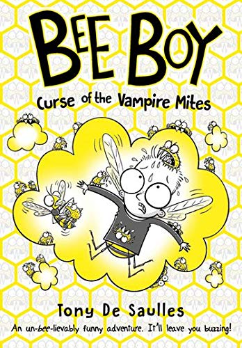 Book cover: boy surrounded by bees, title “Bee Boy: Curse of the Vampire Mites”.