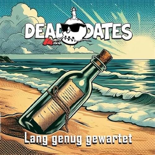 Album cover: Skull, message in a bottle, ocean waves, and sandy beach.