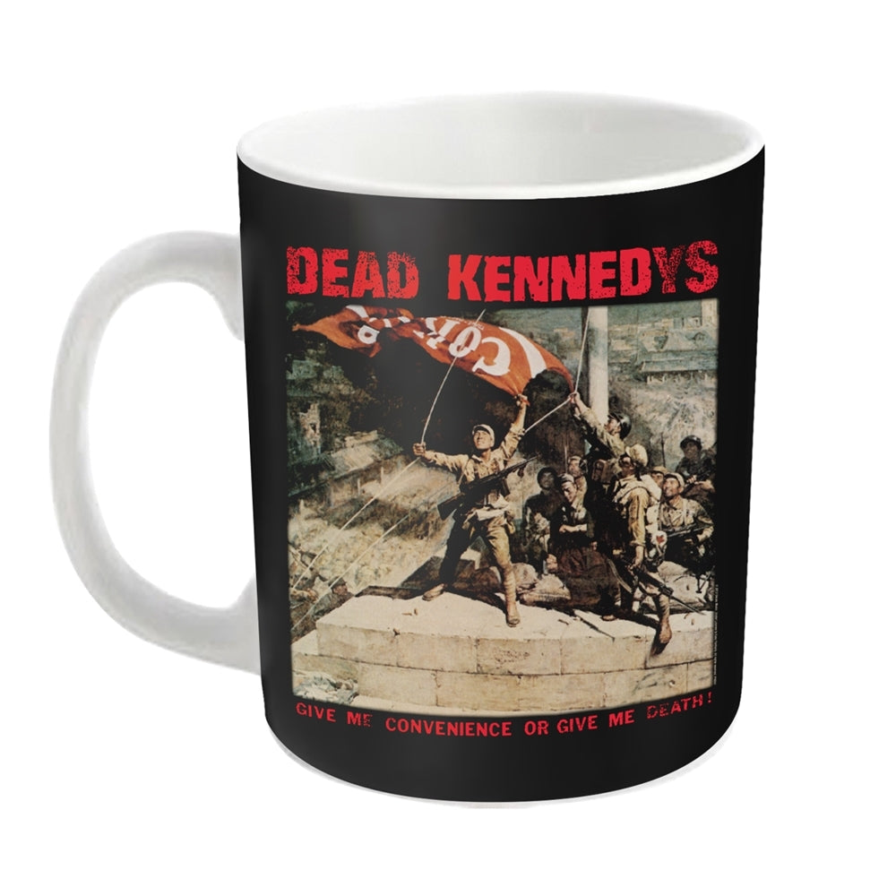 White ceramic mug with black Dead Kennedys album art wrap.