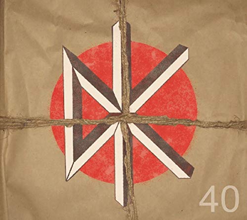A brown package tied with twine, featuring a red circle and crossed blades graphic.