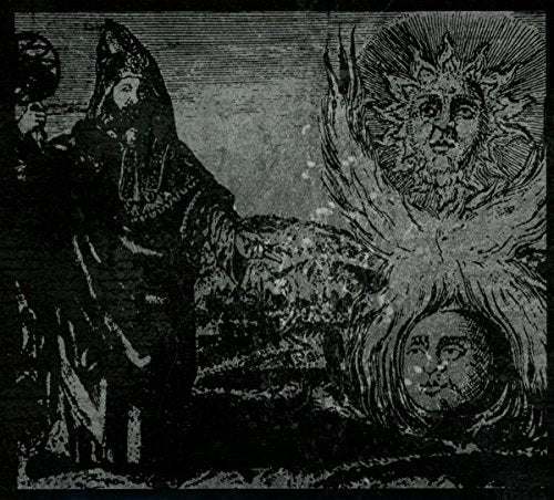 Black and white album cover with hooded figure and sun-like face.