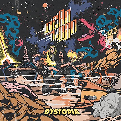 Album cover for Dead Lord's "Dystopia" depicting figures and a dinosaur.