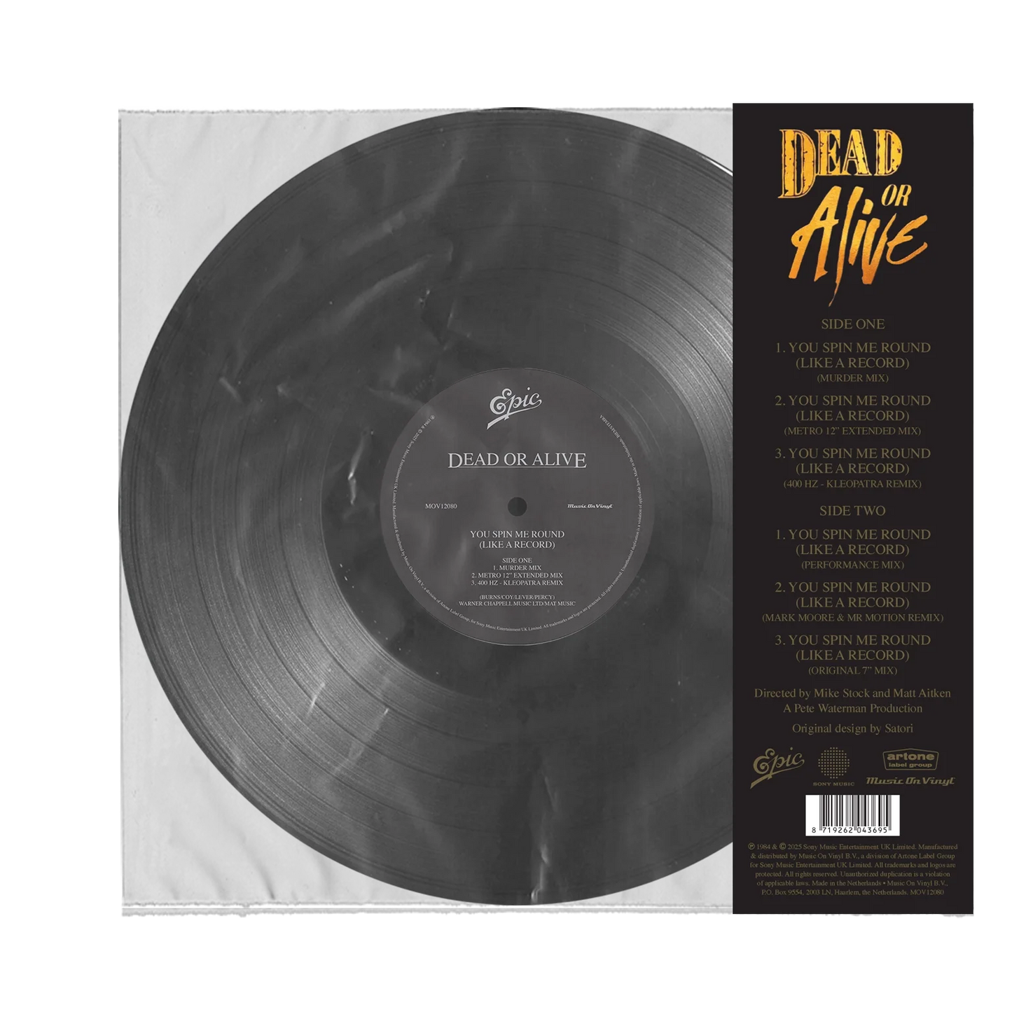 Clear vinyl record in a plastic sleeve with a tracklist insert for Dead or Alive.