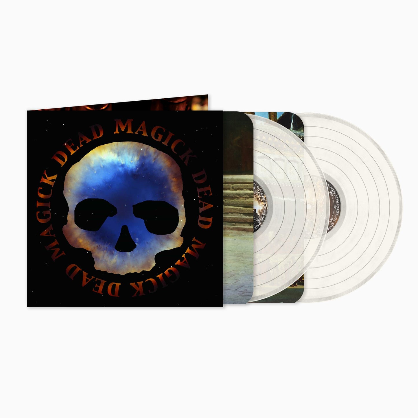 Vinyl record of "Dead Magick" with skull and galaxy design.