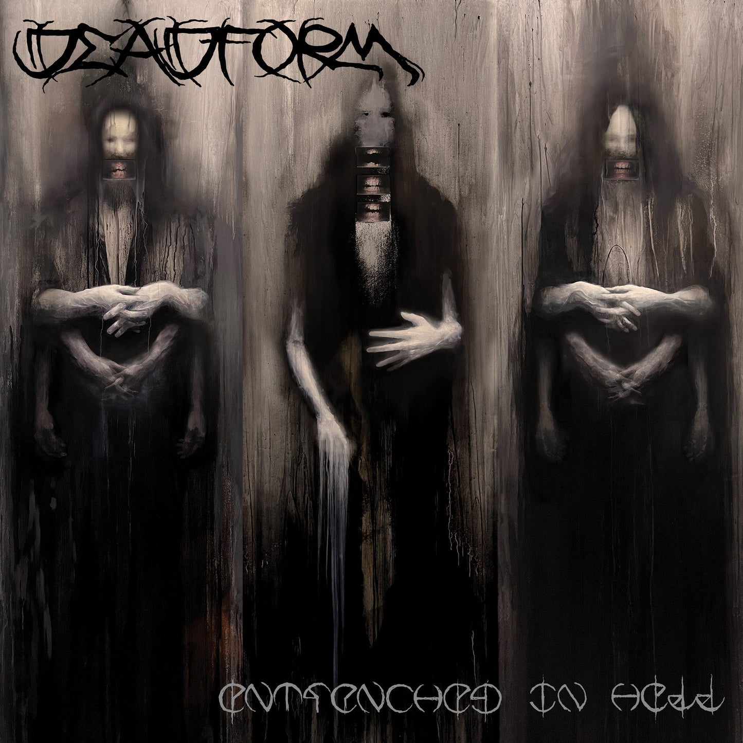Three dark, ghostly figures with multiple arms and distorted faces on a textured background.