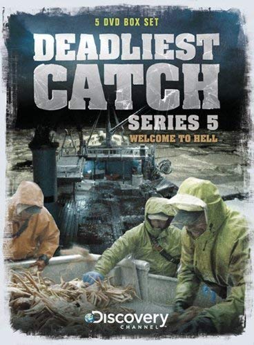 “Deadliest Catch” Series 5 DVD cover featuring crab fishermen in rough seas.