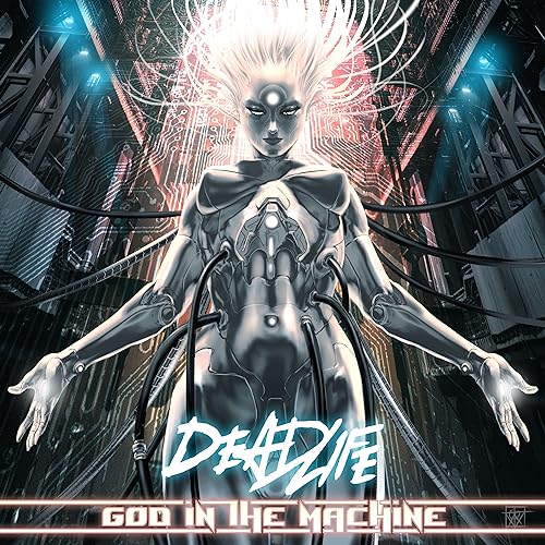 Cyberpunk album cover featuring a silver, robotic woman with glowing white hair.