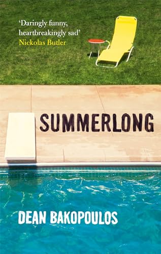 Book cover with title "SUMMERLONG" and poolside scene with a yellow chair.