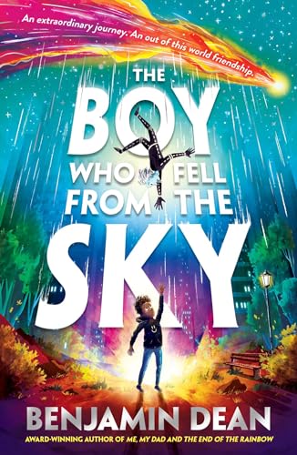 Book cover: boy looking up, another falling from a colorful sky.