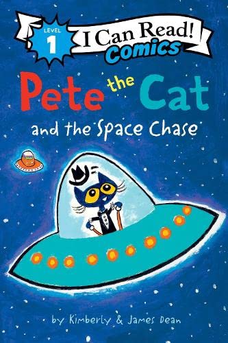 Pete the Cat in a teal spaceship against a dark blue starry space background.