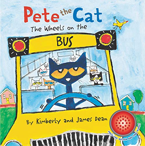Yellow school bus with Pete the Cat driving, featuring sound button.