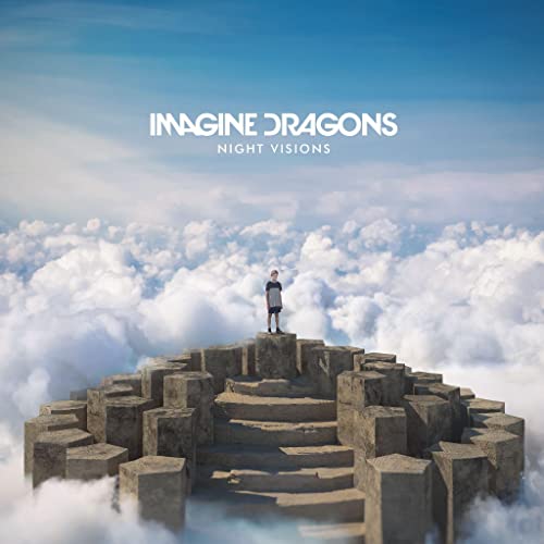 A person stands on a stone platform above clouds with Imagine Dragons Night Visions text.